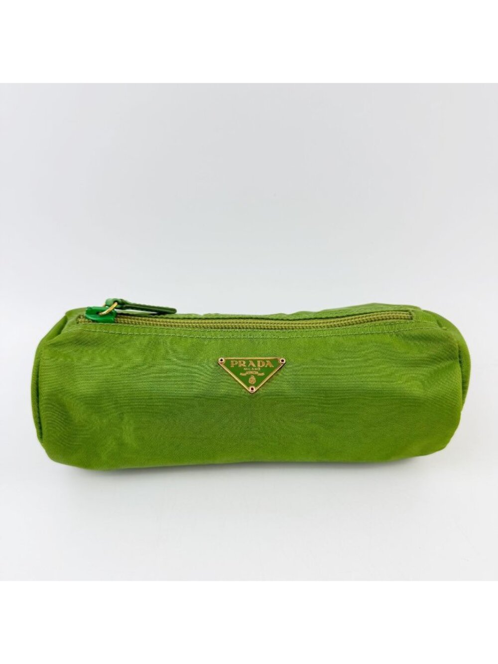 Prada Tessuto Triangle Logo Tube Shape Pouch Nylon Leather Green Vintage